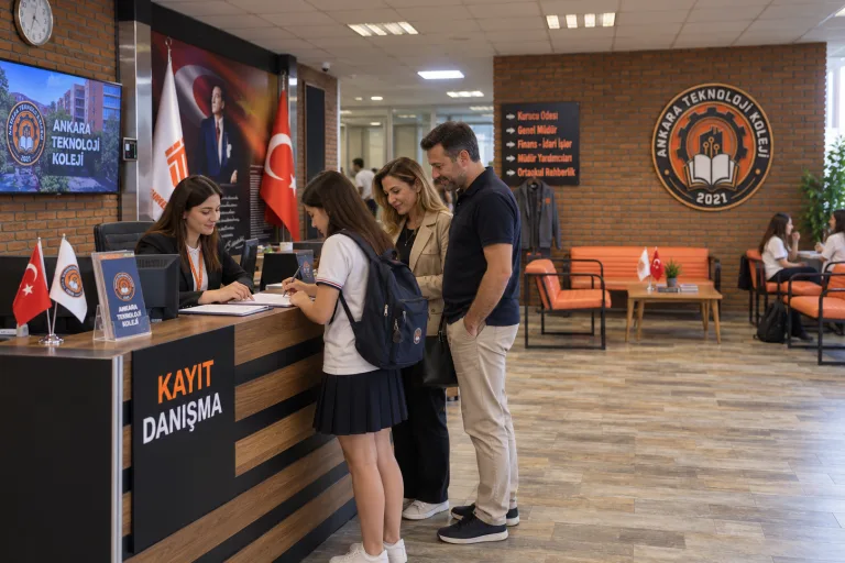 Kayıt danışma masasında öğrenci ve veli temalı tanıtım görseli